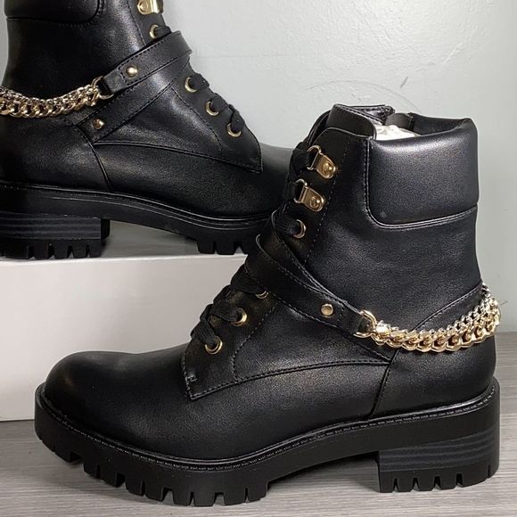 Rachel Zoe Combat Boots with chunky heel and gold & silver chain accents, Black - Picture 2 of 6
